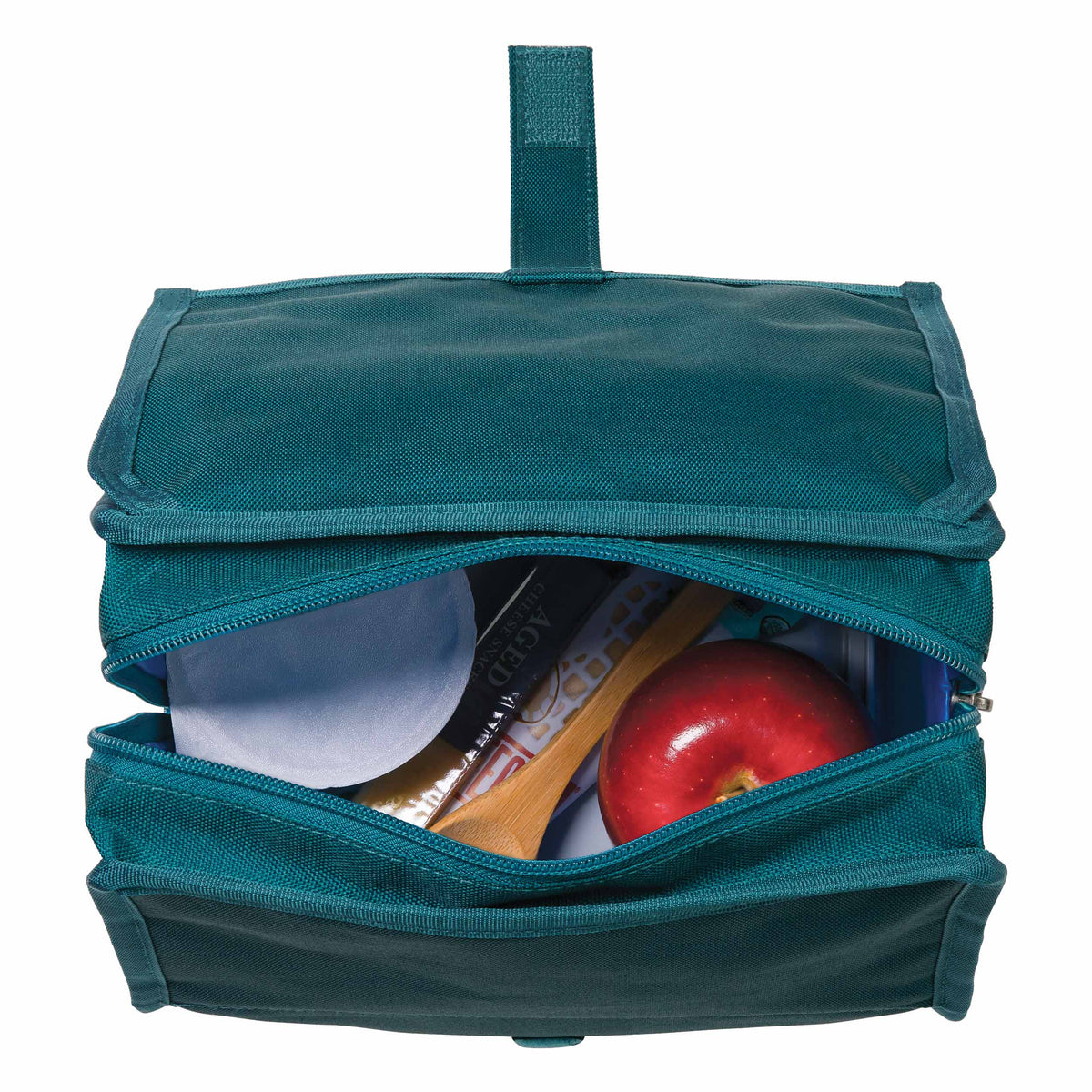 freezable-lunch-bag-f8 freezable-lunch-bag-deep-teal-top-view-packed.jpg